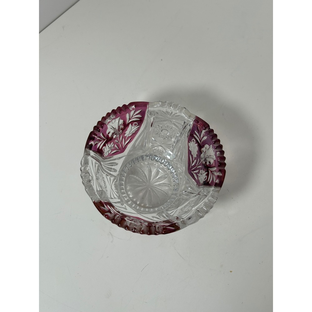 Vintage Cranberry Flash Pressed Glass Bowl Intaglio Floral Scalloped SawtoothRim - Picture 6 of 7